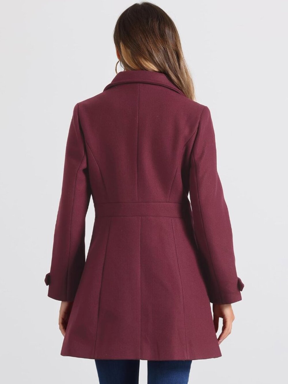 Women's Burgundy 100% Polyester Single Breasted Fully Lined Mid-Length Pea Coat - Picture 4 of 5